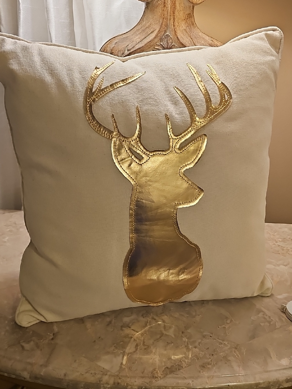 Gold Deer Appliqué Holiday Throw Pillow - Cream New Without Tags